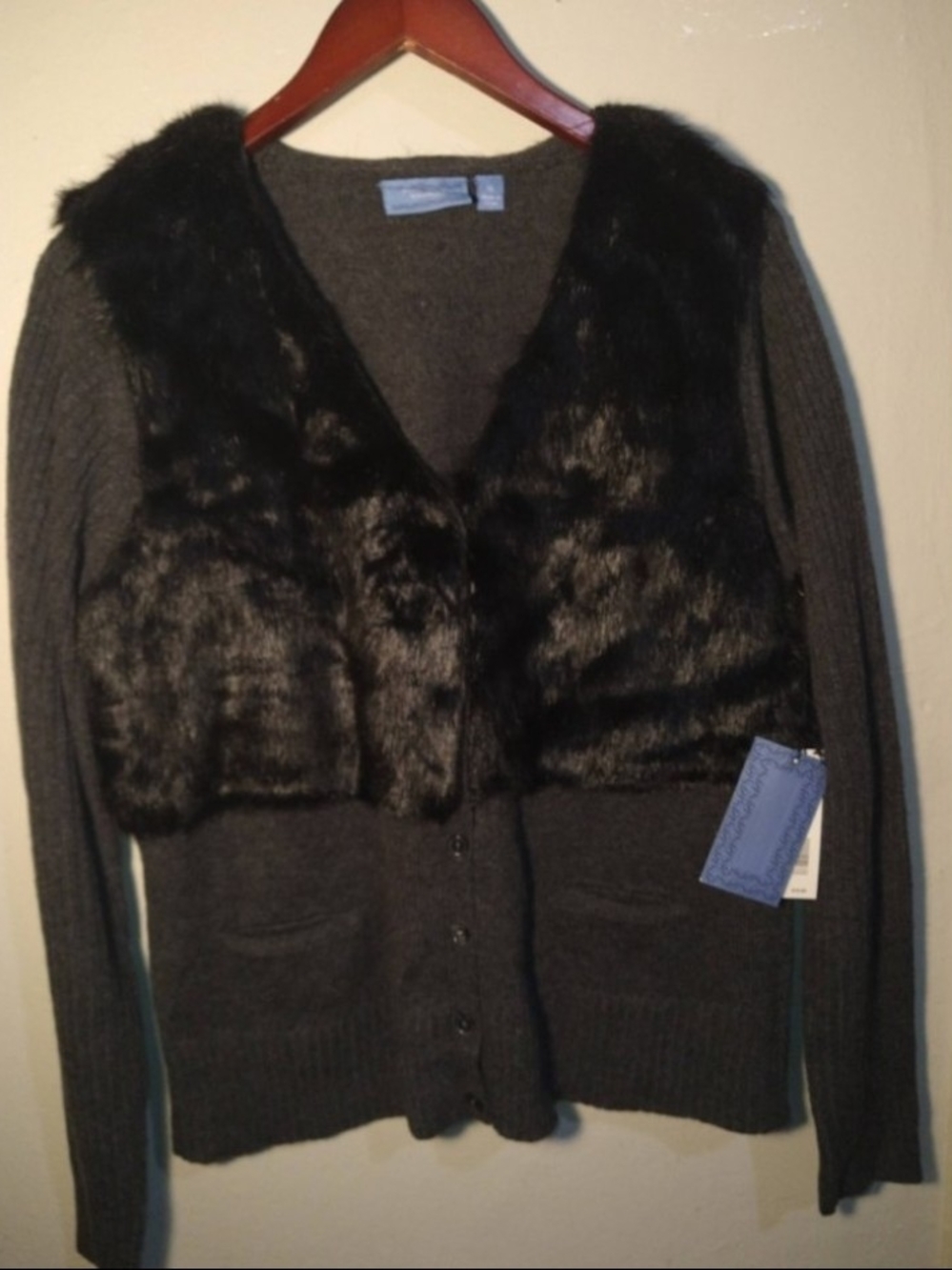 Sophisticated Elegant Black Faux Fur-Front Women’s Sweater Cardigan